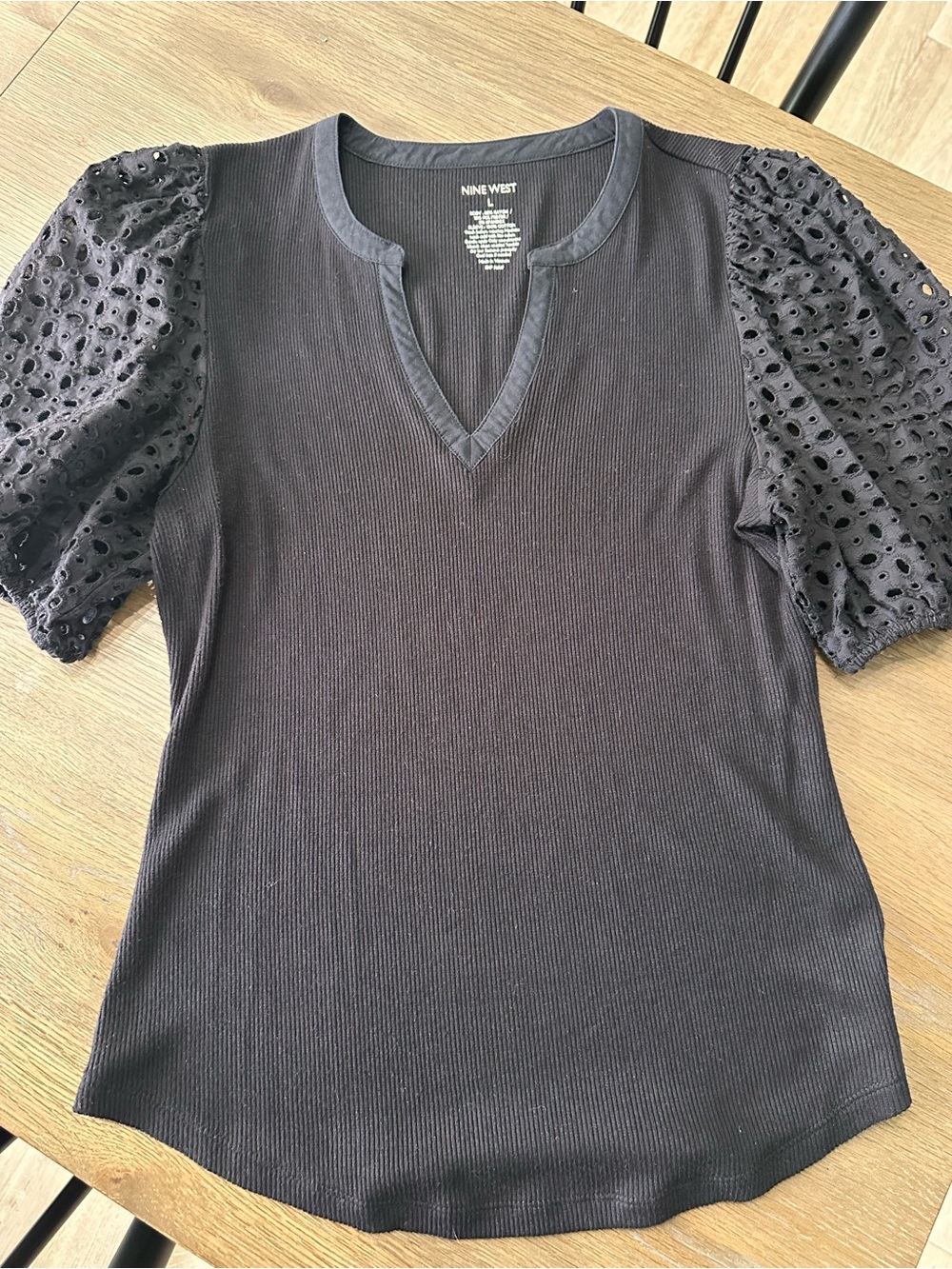 Nine West Black Eyelet Puff Sleeve V-Neck Top